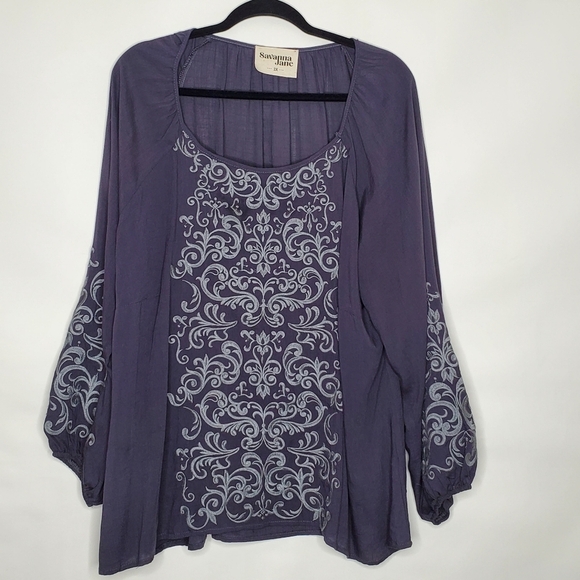 Savanna Jane Embroidered Top Size 2X Gray Balloon Sleeve Peasant Blouse Boho - Picture 1 of 14